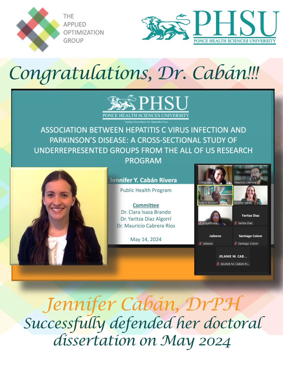 Congratulations to newly minted DrPH Jennifer Cabán and her advisor, Dr. Isaza!!!

#AOGachievers #AOGDoctoral #PhDDissertation #DrPH #PublicHealth #PHSU #AOGMilestones