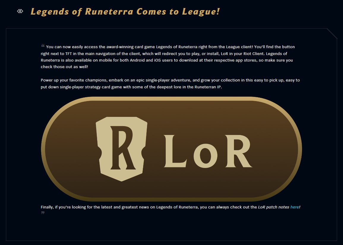 LoRreport's tweet image. The Legends of Runeterra 'LoR' button will be released to the League of Legends Client in the upcoming 14.10 Patch!