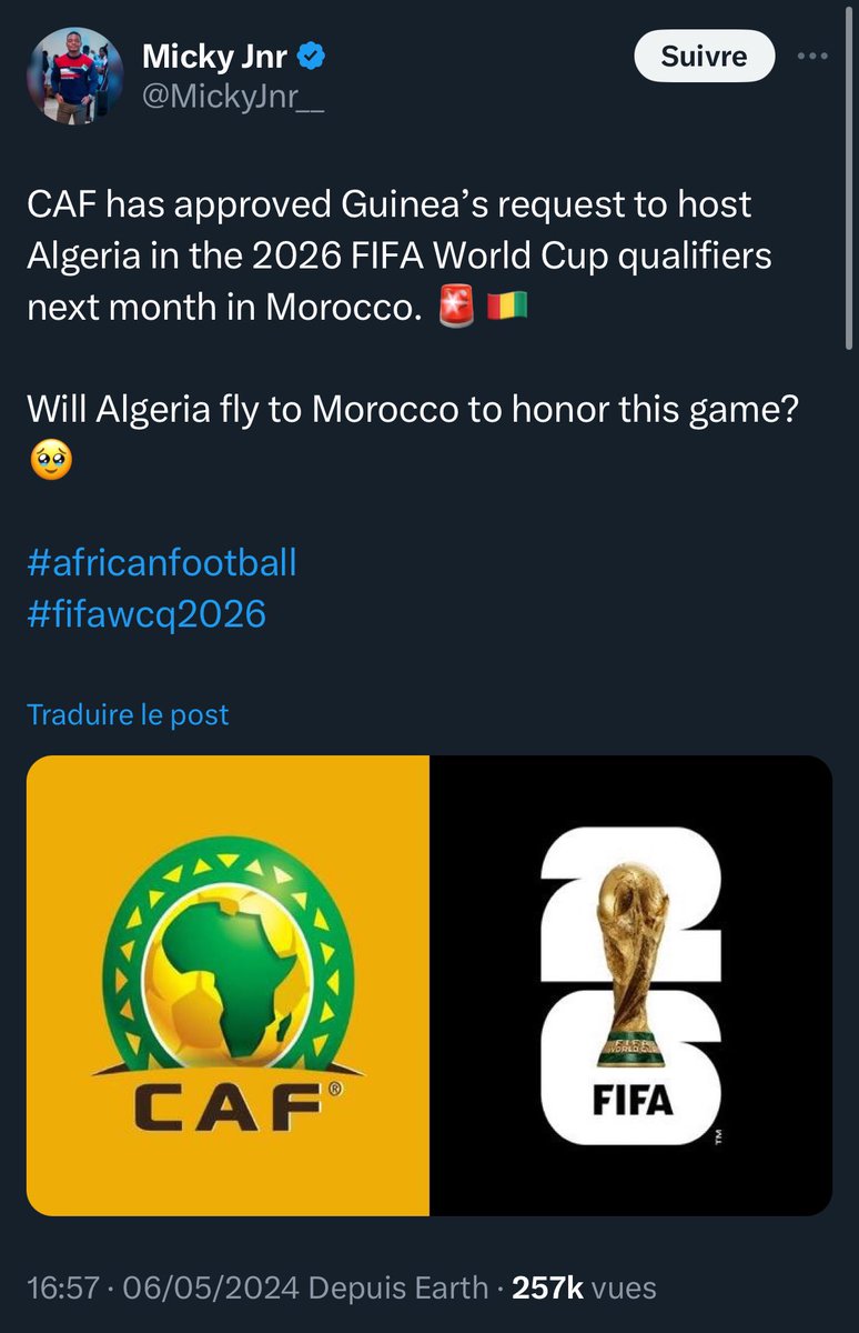 Précision & conseil : Désabonnez-vous de la page ActuFootMaghreb, ils relaient un haineux de l’Algérie qui ne fait que mentir de plus en plus à l’encontre de notre pays. Preuve comme la dernière fois 😉👇🏼