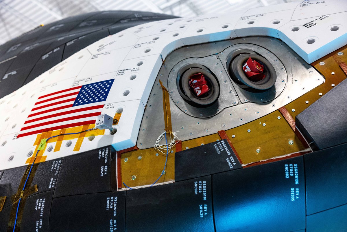 Dream Chaser’s forward down thrusters will experience some of the hottest temperatures on reentry. Shown with the thermal protection system carrier plate, the thruster nozzles help guide Dream Chaser for docking with the @Space_Station.