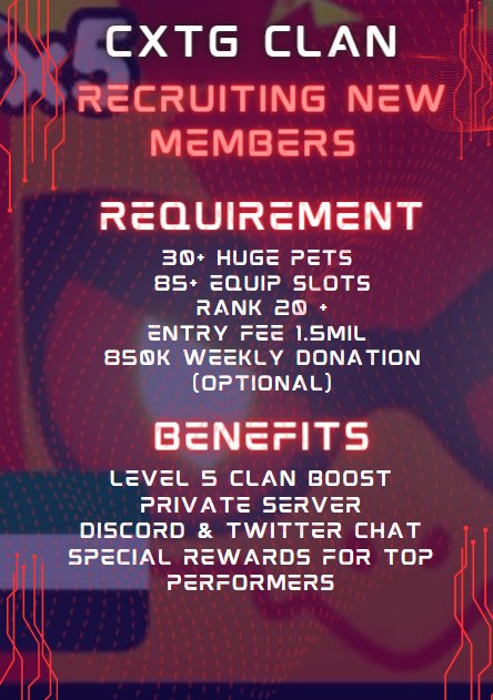 🔥 Recruiting new members to our CXTG clan 🔥 ✨ Either comment down below or DM me the proof (Screenshots) of the requirements you meet ✨ Reposts♻️ are really appreciated 😊 #PetSimulator99 #petsim99 #Roblox #CXTGCLAN