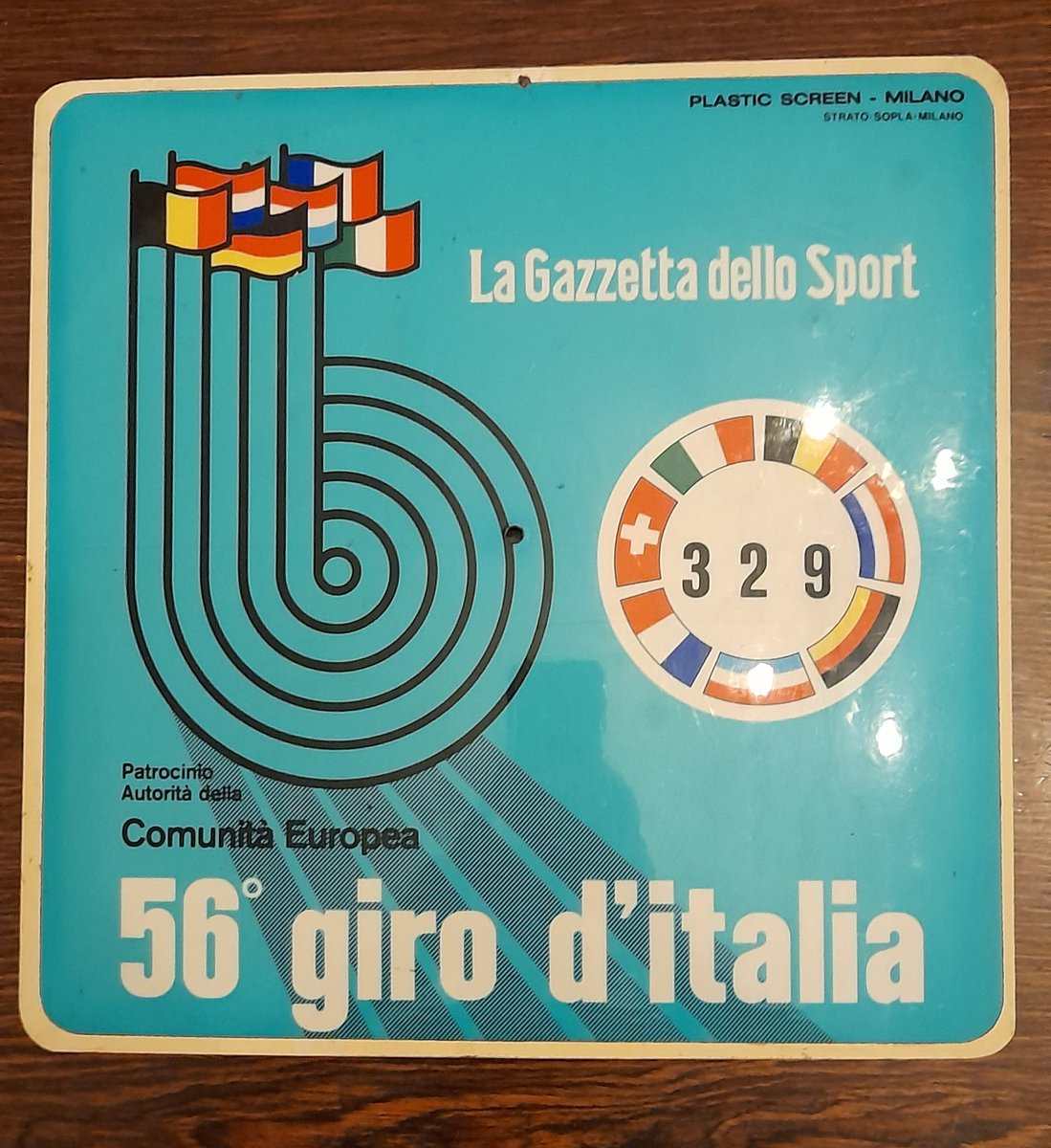 Car accreditation plate from the 1973 Giro. It began in Merckx' Belgium, and passed through the member states of the EEC. Moreover Eddy, who had declared he was riding the Vuelta, received a knighthood in Rome. Thus he was persuaded to ride the Giro in preference to the Tour.