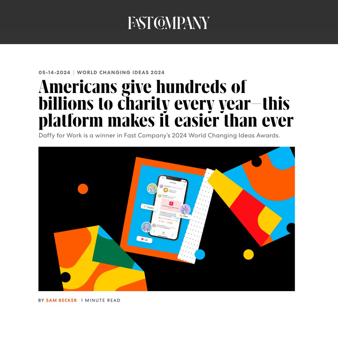 We're incredibly honored to share that Daffy has been selected as the winner in the Personal Finance category for <a href="/FastCompany/">Fast Company</a>'s #FCWorldChangingIdeas! 💡

Our mission is to make charitable giving easier and more accessible for everyone &amp; we're excited to keep empowering more