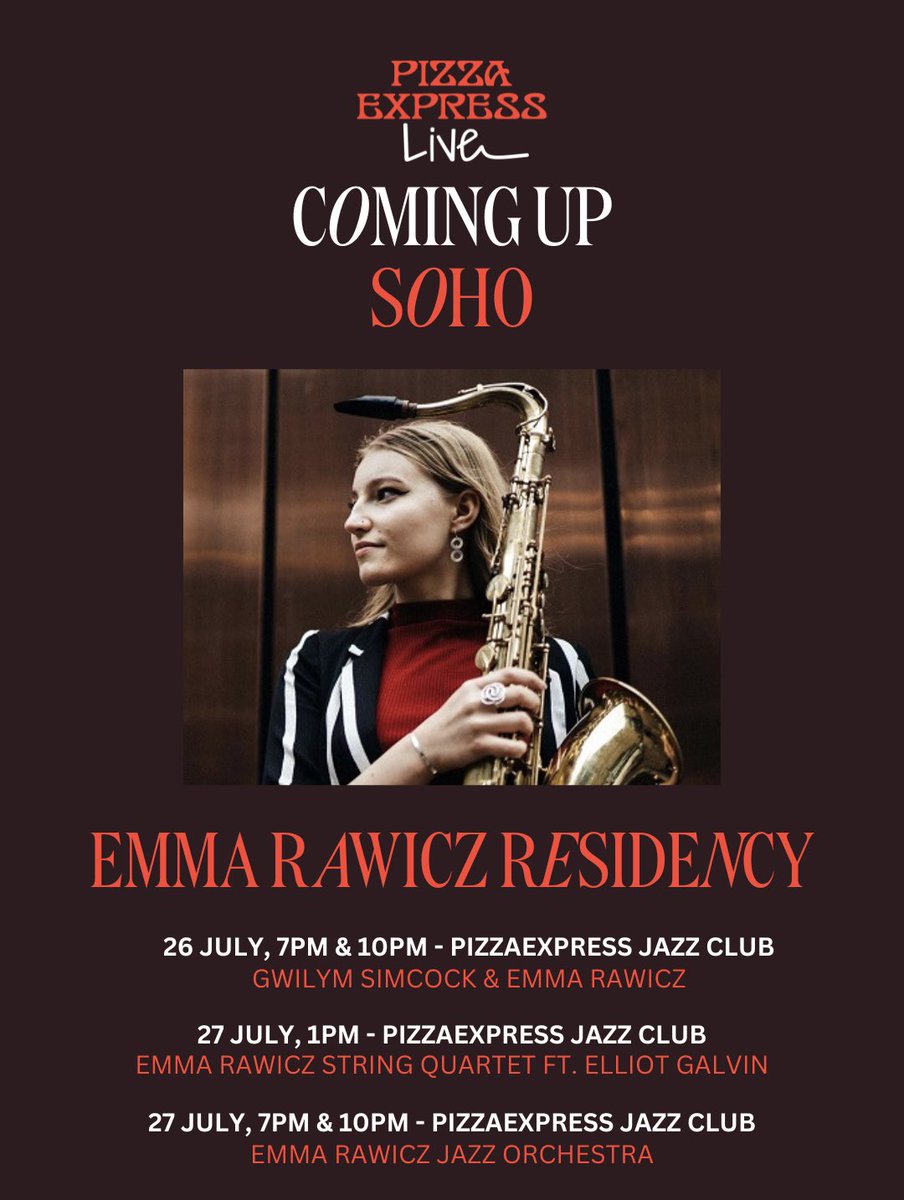 sooo this is a big one ! i am incredibly proud and excited to announce my first ever residency at a major jazz club! thank you @pizzajazzclub for the trust & support!! this special weekend at the end of july sees 5 SHOWS across 2 DAYS @GwilymSimcock @ingham_dominic @ElliotGalvin