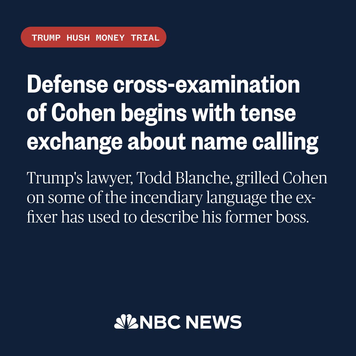 Trump lawyer Todd Blanche has begun his cross-examination of Michael Cohen. He's expected to paint Cohen as a perjurer and convicted felon. Live updates: nbcnews.to/3UAKBrg