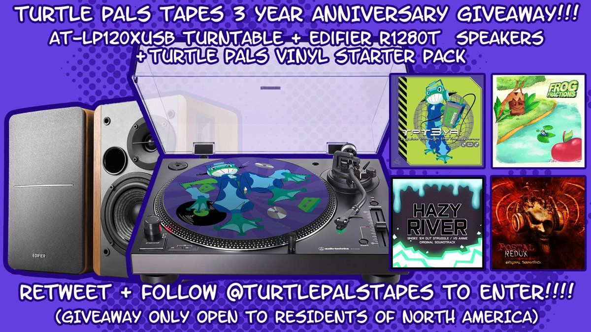 TurtlePalsTapes's tweet photo. AHOY!

ITS OUR 3RD ANNIVERSARY TODAY! 

As part of our celebration, we are giving away a whole ass vinyl setup!

We are giving away an AT-LP120 turntable, a set of speakers, and a TPT vinyl starter bundle! (+ a test pressing or two 😏)

To enter follow + RT!

Stay froggy! https://t.co/Jaqxw3pSGM