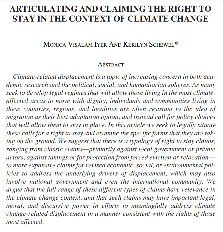 Is it possible to claim 'the right to stay' in climate-stressed contexts? This was a super fun collaboration with the human rights scholar @MonicaVisalam - now out in @gulcimmigration! Article here: t.ly/U1WyV