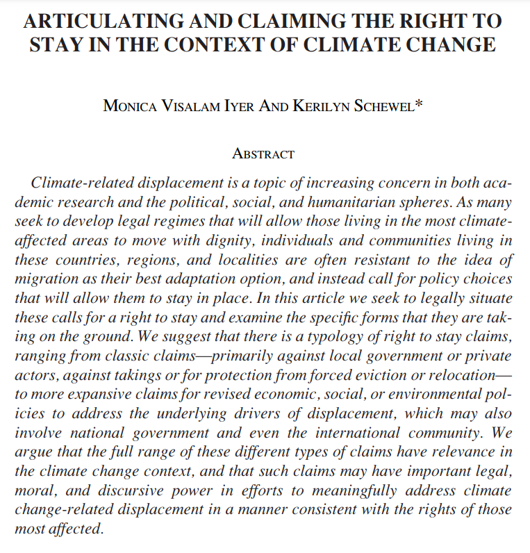 Kerilyn Schewel (@kerilynschewel) on Twitter photo Is it possible to claim "the right to stay" in climate-stressed contexts?
This was a super fun collaboration with the human rights scholar @MonicaVisalam - now out in <a href="/gulcimmigration/">Georgetown Immigration Law Journal</a>!
Article here: t.ly/U1WyV Is it possible to claim "the right to stay" in climate-stressed contexts?
This was a super fun collaboration with the human rights scholar @MonicaVisalam - now out in <a href="/gulcimmigration/">Georgetown Immigration Law Journal</a>!
Article here: t.ly/U1WyV