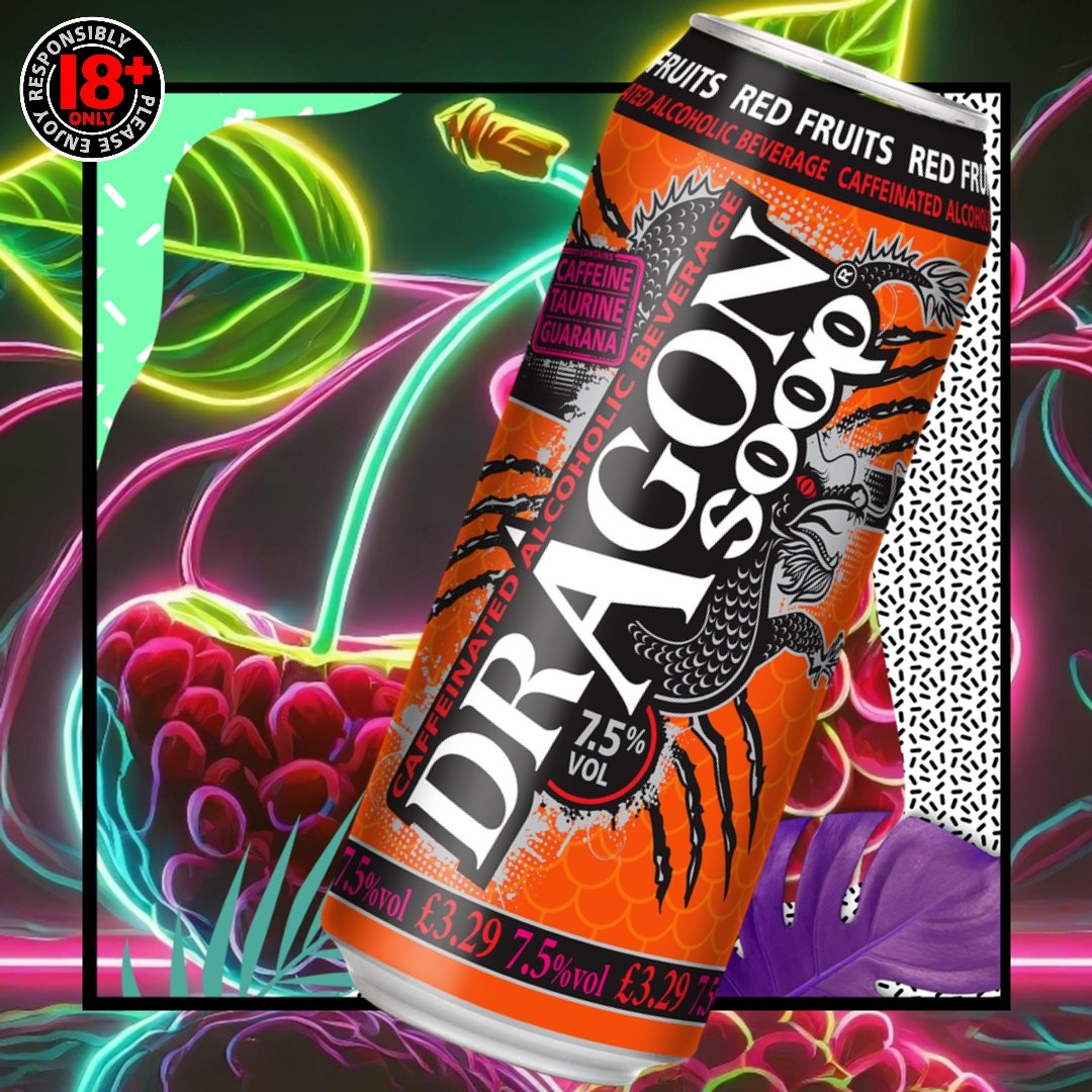 Dragon Soop Red Fruits. Our fresh new flavour 😋 >> dragonsoop.com/stockists 7.5% ABV. Contains Caffeine, Taurine & Guarana. 18+ only. Please enjoy #dragonsoop responsibly