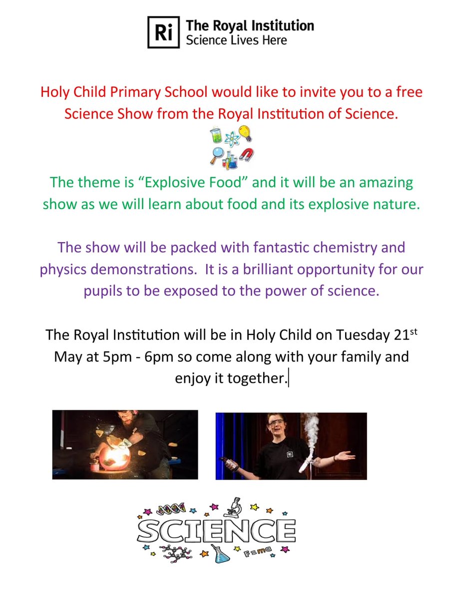 ℹ️INFORMATION FOR PARENTS/GUARDIANS ℹ️ We invite you to attend a free science show for families delivered by The Royal Institution of Science entitled 'Explosive Food'. 📅 Tuesday 21st May ⏰️ 5-6pm 🏫 Assembly Hall @Ri_Science #SharingCaringLearning #STEM
