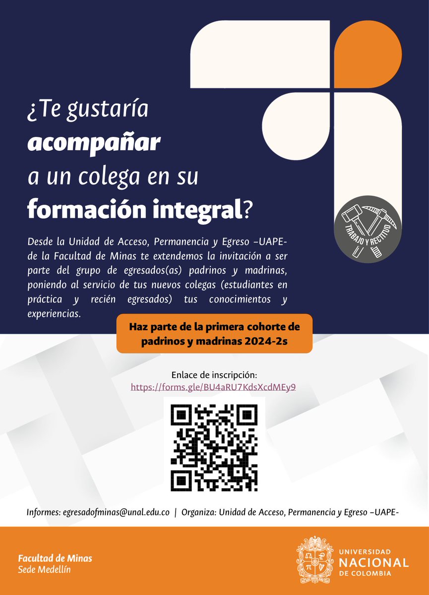 #SomosMinas I📣 ¿Egresaste de nuestra Facultad y te gustaría apoyar el proceso académico profesional de estudiantes y recién egresados ? ¡Únete a nuestra primer cohorte de madrinas y padrinos, y entrégales tu conocimiento y experiencia! 💻 Inscríbete aquí: docs.google.com/forms/d/e/1FAI…