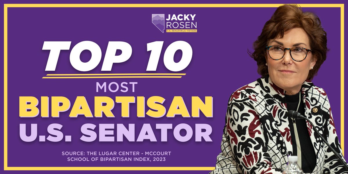 SenJackyRosen's tweet image. I’m proud to be ranked in the top 10 most bipartisan senators for the 3rd year in a row for my work across party lines to deliver for Nevada.
I’ll keep working with Republicans, Democrats, & Independents to help lower costs, support our economy, & protect our national security.