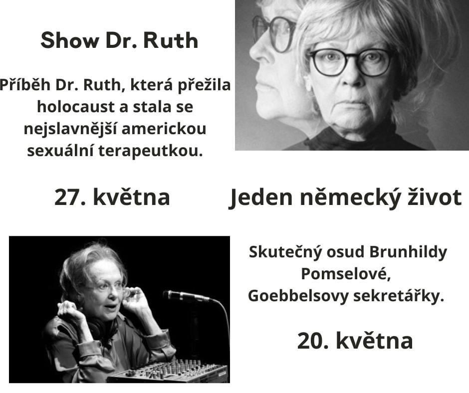 Dva rozdílné příběhy
Dvě one woman show
Dva struhující herecké výkony 

Jedna herečka - KATEŘINA MACHÁČKOVÁ

Jeden německý život - 20. května
vstupenky: reznicka.cz/Rezervace/1756

Show Dr. Ruth - 27. května
vstupenky: reznicka.cz/Rezervace/1760
