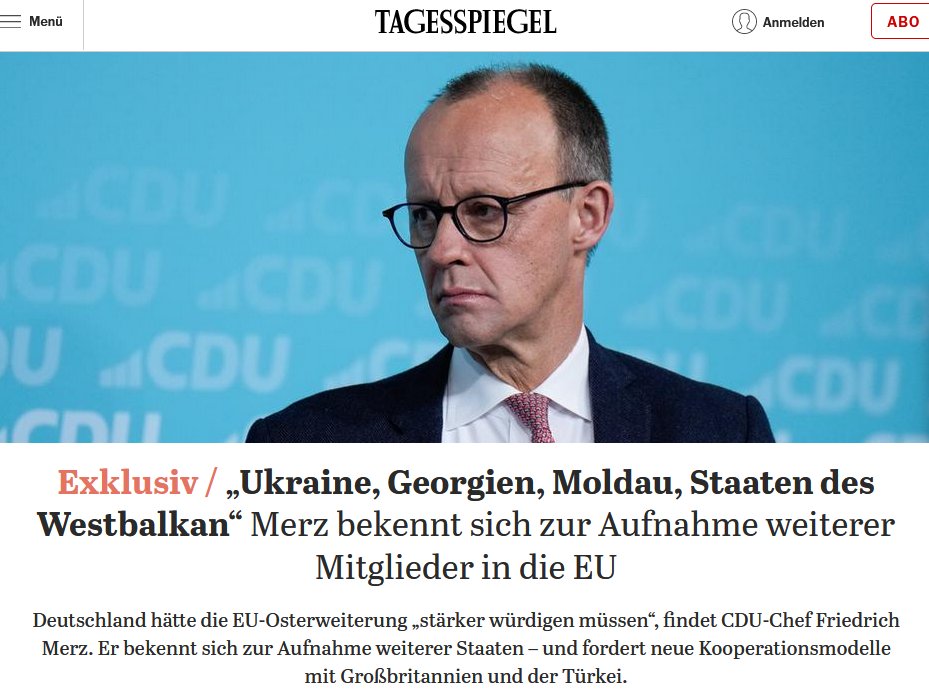 Friedrich Merz will Ukraine, Georgien, Moldau und die Staaten des Westbalkans in die EU holen. Allesamt Armenhäuser, die den Bürgern der bisherigen Länder keine Vorteile bringen, sondern für Jahrzehnte auf der Tasche liegen werden. Alles nur Geopolitik.
tagesspiegel.de/politik/die-tu…