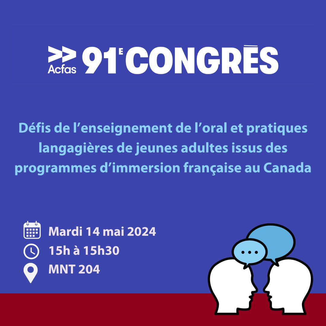 What are the challenges facing graduates of French immersion programs? 🌟Today « Défis de l'enseignement de l'oral et pratiques langagières de jeunes adultes issus des programmes d'immersion française au Canada » (in french) 3 p.m. to 3:30 p.m. MNT 204 ➡️ bit.ly/3WEByID