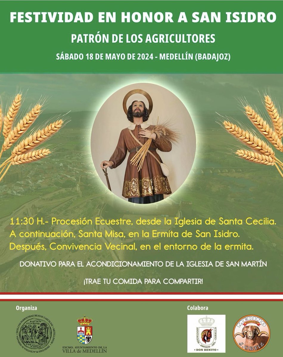 Este fin de Semana, se celebrará San Isidro en Medellín, os animó a que vengáis a disfrutar de una festividad que hay que recuperar en un entorno maravilloso…
#Patrondelosagricultores
#recuperandonuestrossantos 
#romeriasanisidro