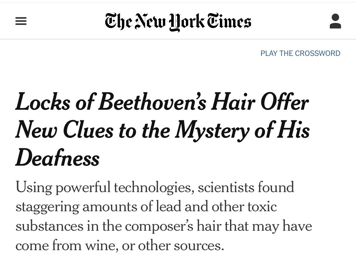 Lead is ototoxic

“One of Beethoven’s locks had 258 micrograms of lead per gram of hair and the other had 380 micrograms…A normal level in hair is less than 4”