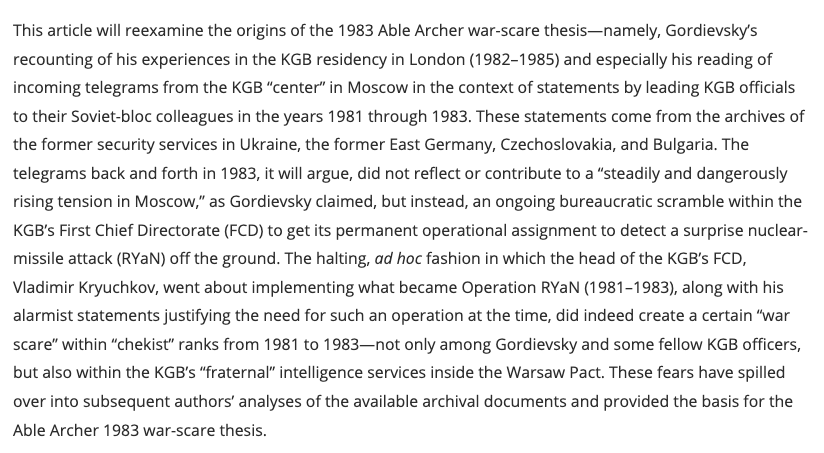 The Able Archer war scare of 1983 is an important & much-debated episode. A new article drawing on KGB communications with Eastern Bloc services. It argues the scare was really an 'ongoing bureaucratic scramble within the KGB’s First Chief Directorate'
tandfonline.com/doi/full/10.10…