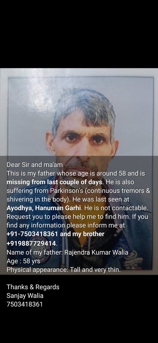 poonia__G's tweet photo. Hi Guys 
One of my closest friend's father is missing from last few days.
Let me know if you have seen him somewhere.
@omskw9 https://t.co/QDnEt3CJNY