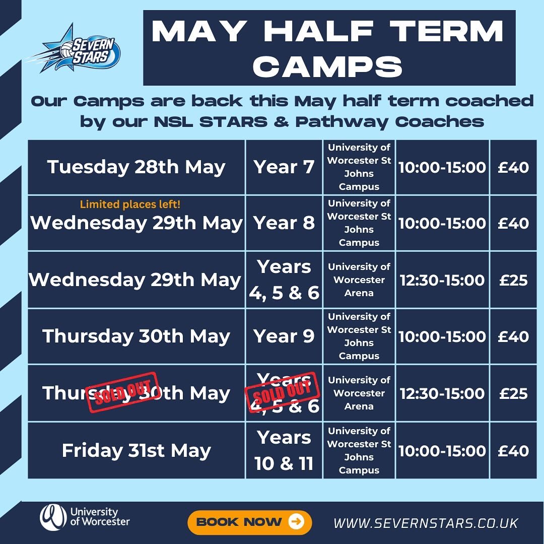 SevernStars's tweet image. 🌟MAY HALF TERM CAMPS🌟

Join us this May Half Term for our camps coached by our NSL Stars 🤩 🌟

Book Now 👉 webengine-01.worc.ac.uk/futurestars/ 

#netball #netballtraining #netballskills #netballlife