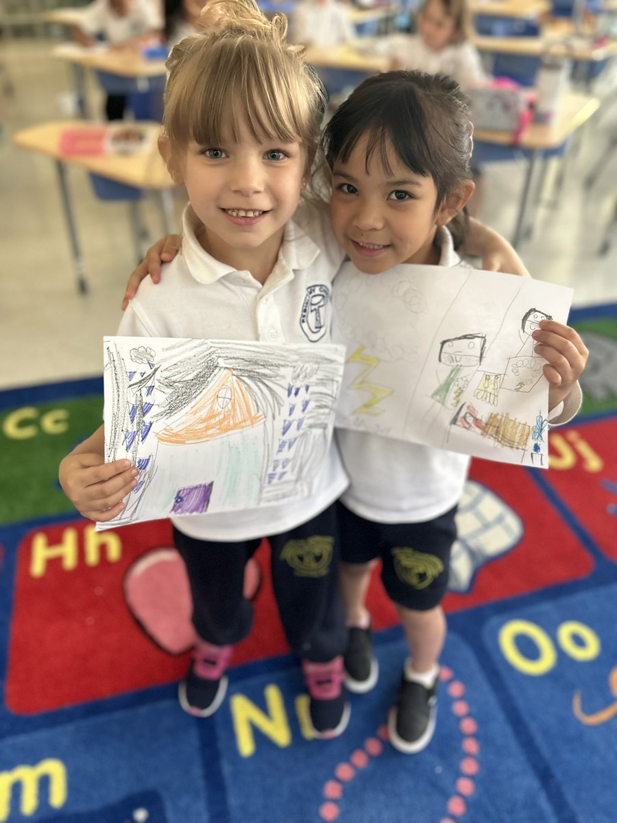 MsPICS2's tweet photo. @icschool_online During kindergarten library time heard a story about bears dancing in a stormy  night sky. Then illustrated what they think happens in a storm!  Some thoughts were…God is bowling.  God is switching lights on and off… here are some illustrations. https://t.co/McnI9lupPJ