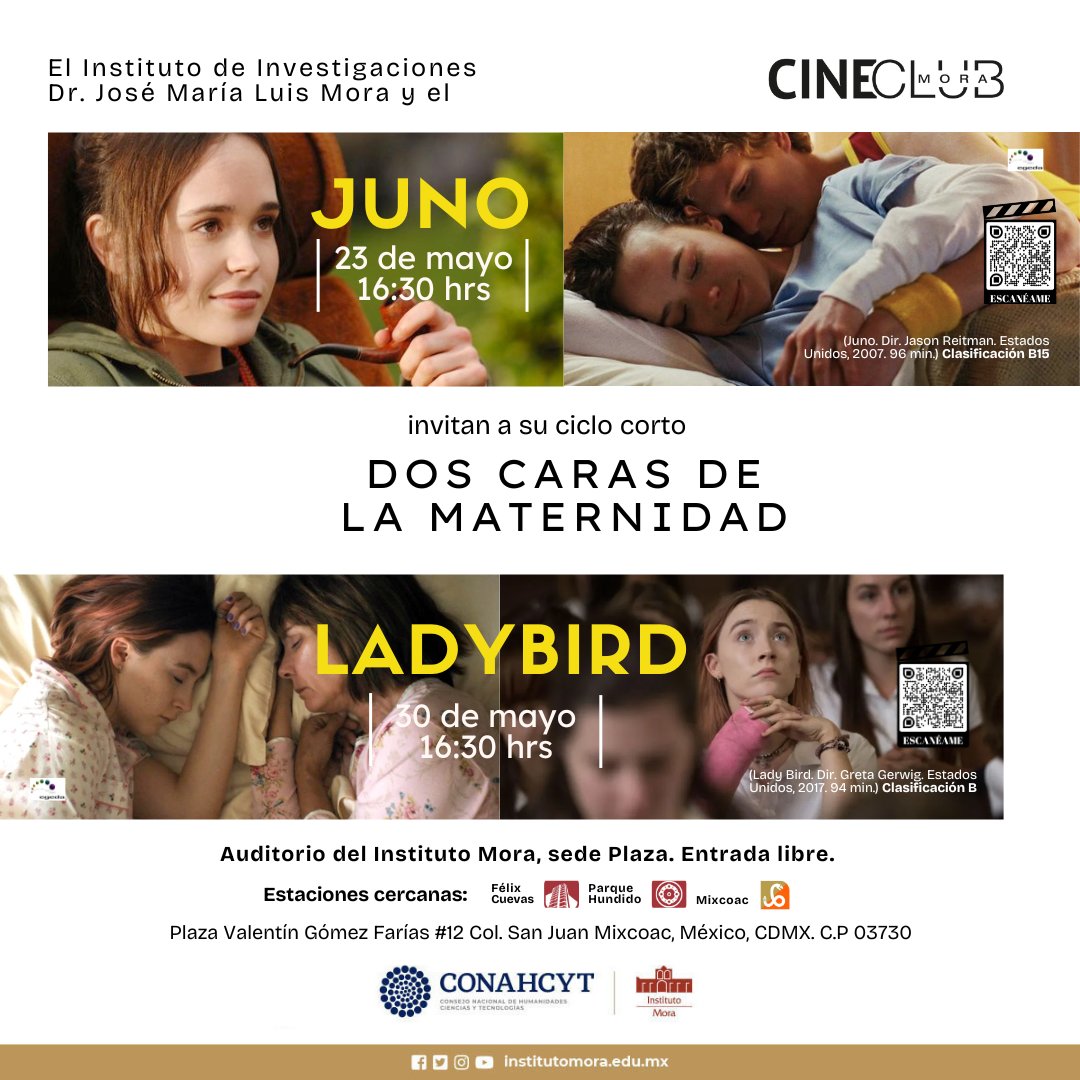 Las relaciones #MadreEHija no son fáciles, pero sí llenas de amor. El #CineclubMora les invita a disfrutar de estas dos propuestas. ¡Les esperamos! 
📅23 y 30 de mayo. 🕓16:30 hrs. 📍Auditorio del @institutomora 
🎟️#EntradaLibre 
☕️🍪Café y galletas de cortesía
@procine_oficial