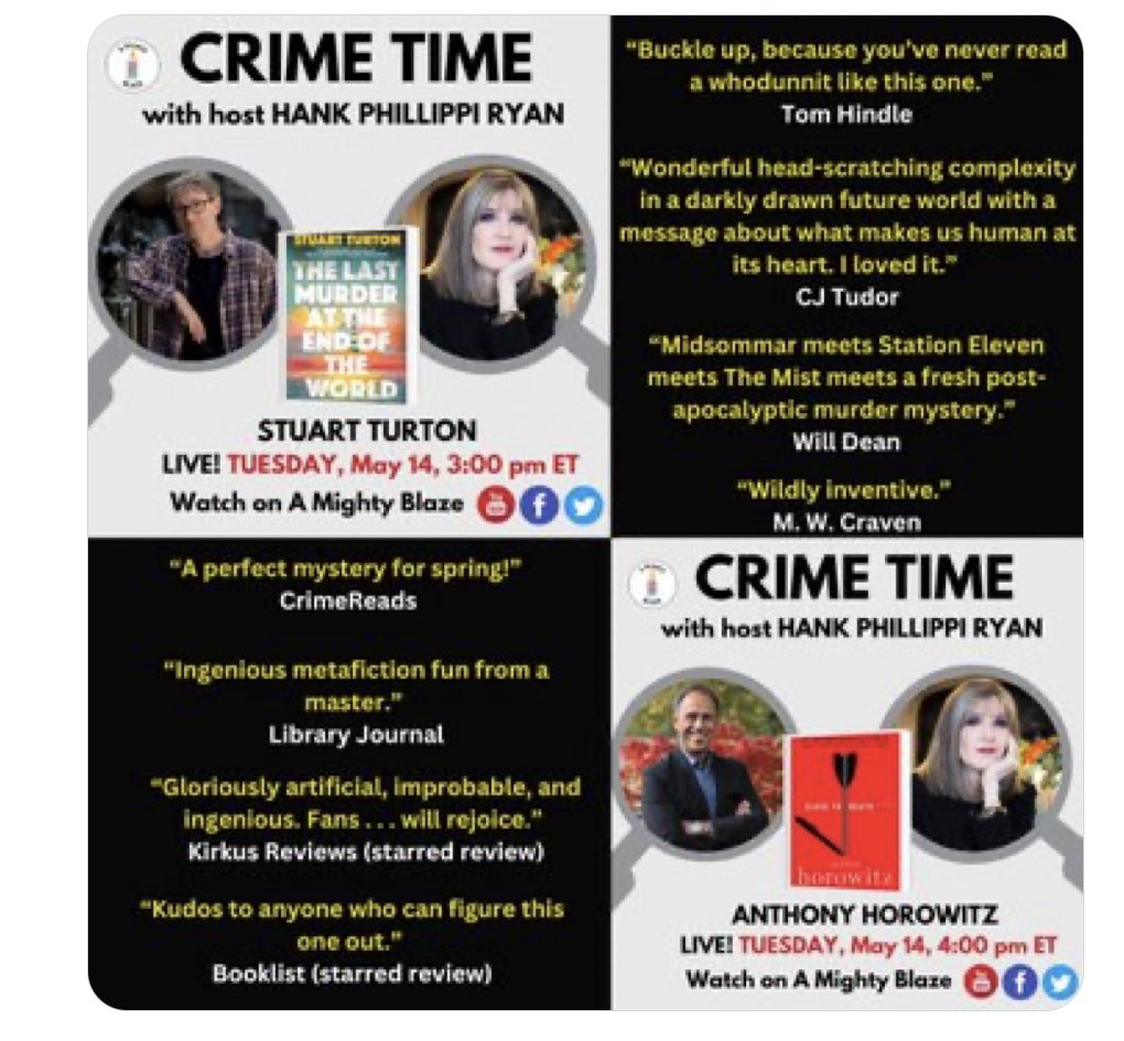 Biggest Crime Time in the history of the planet! We are double booked, and wow! Hurry hurry hurry at 3 PM ET @StuartTurton and at 4 PM ET @AnthonyHorowitz! It absolutely does not get cooler than that. Come to @AMIGHTYBLAZE on Facebook right now! Hurry, hurry hurry!