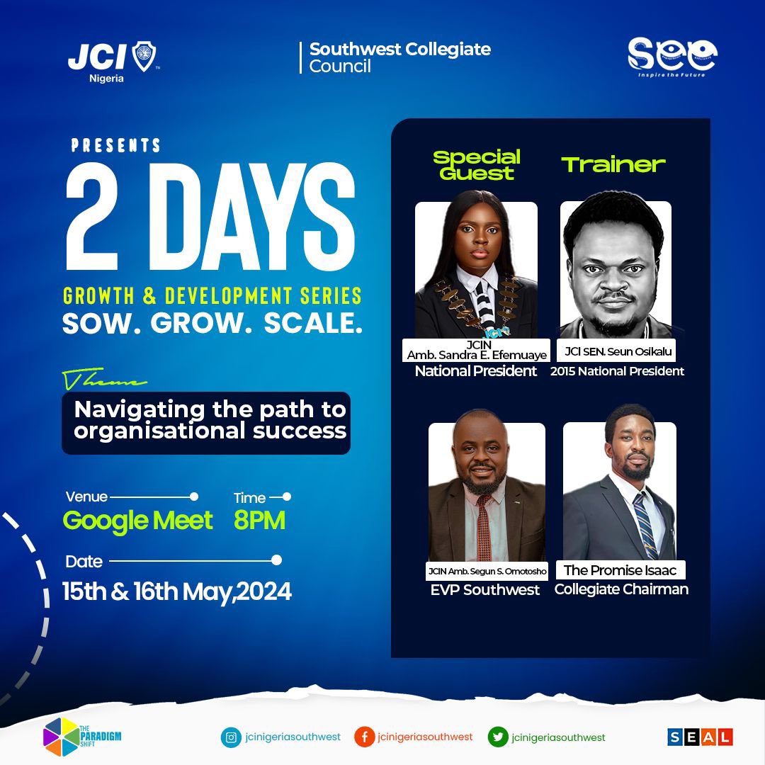 Starting tomorrow! 🥳

 SOW.GROW.SCALE

 🧏🏾‍♀️Date: 15th and 16th May

⏰Time: 8PM prompt

🏘️Venue: Google Meet — meet.google.com/xvx-npwg-wmh

Be there! 🥳

#GROWTHANDDEVELOPMENT
#SEE
#SOWGROWSCALE
#SEAL
#PARADIGMSHIFT
#JCILEADERS