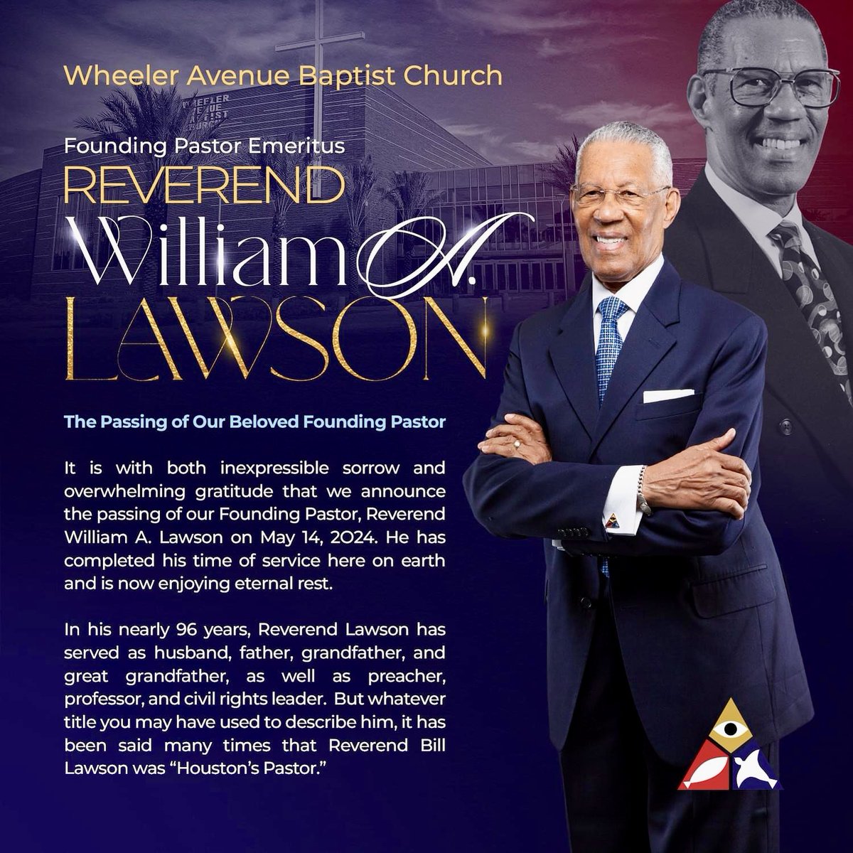 I mourn the loss of a towering figure who was beloved in Houston and throughout the nation. Pastor Emeritus Bill A. Lawson of Wheeler Avenue Baptist Church was a guiding light to many, he was also my pastor. He baptized me when I was just 12 years old. His legendary work in the