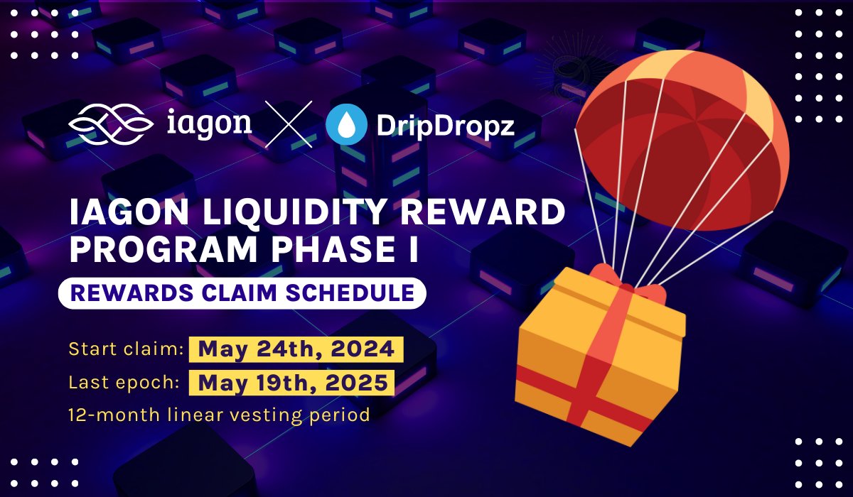 Our LP Reward Program Phase I concluded at Epoch 482 (April 28, 2024). Now it's time to know when to claim your rewards!

🌟 30 million $IAG awarded to participants 
🌟 Linear 12-month vesting distribution 

First claim: May 24, 2024 
Last claim: May 19, 2025

The LSPO1 rewards