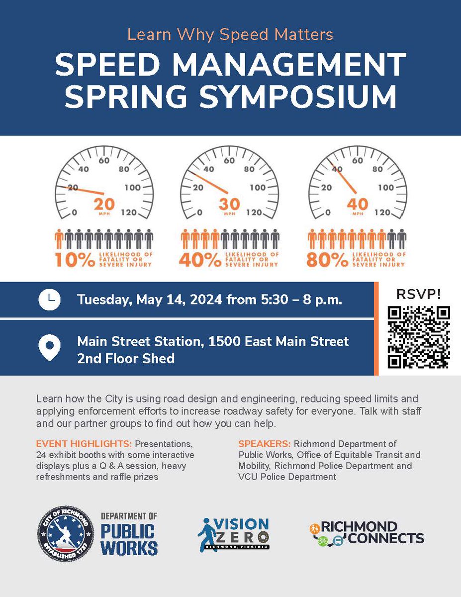 Join us tonight (5/14) Main Street Station, 1500 E Main Street from 5:30 - 8 pm - come talk with staff & partner groups & learn what the city is doing to reduce speeding and how you can help. Details bit.ly/3WlEcmr Please RSPV bit.ly/4aX7mMS @000RVA #visionzero
