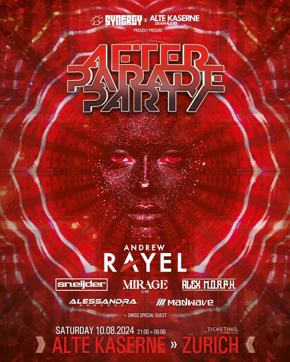 synergyofficiel's tweet image. Here it is, the long-awaited lineup of our now traditional SYNERGY 'After Parade Party' held at Alte Kaserne Zurich:

@Andrew_Rayel
@SneijderMusic 
@alexmorph 
@RonconeOfficial
@madwavemusic 
Mirage - Live
+ swiss special guest

Tickets:
ticketino.com/en/event/syner…

#streetparade2024