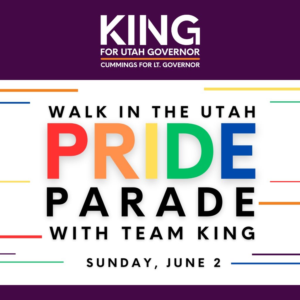 Are you interested in joining #TeamKing for Utah Pride Month? We are looking for campaign supporters who will march in the Utah Pride Parade with us. Find more info at this link: mobilize.us/brianking/even…

#KingForUtah #ForTheBetter