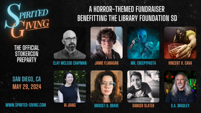 For #Stokercon2024 attendees arriving Wednesday night, consider attending the SPirited Giving preparty, a horror-themed fundraiser benefiting the San Diego Library Foundation.  
Tickets here: eventbrite.com/e/spirited-giv…