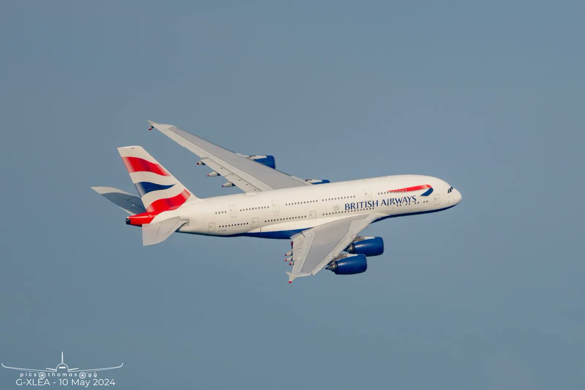 #A380 @British_Airways G-XLEA departing @HeathrowAirport with a tight bank around to Washington IAD on Friday afternoon's BA293, 10/5/2024