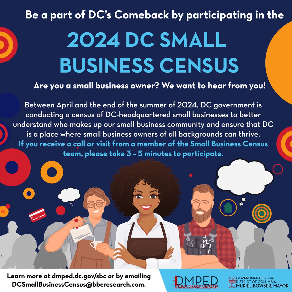 DMPED has launched our Small Business Census! We encourage all businesses to participate to get connected to District programs and supports, and to help us track @MayorBowser's goal of increasing DC's share of minority-owned businesses. Learn more at dmped.dc.gov/sbc.