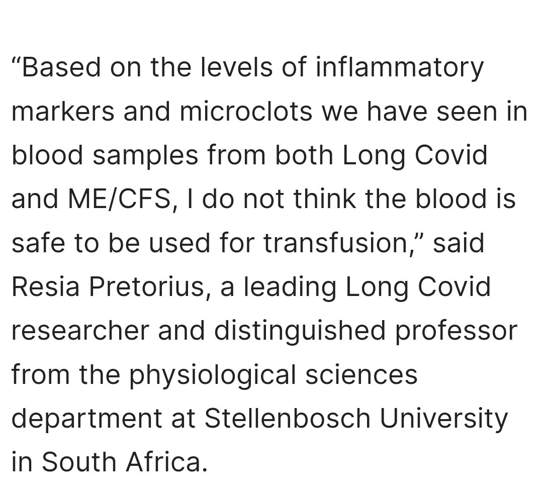 😮
👀
👉"“Based on the levels of inflammatory markers and microclots we have seen in blood samples from both Long Covid and ME/CFS, I do not think the blood is safe to be used for transfusion,” said Resia Pretorius, a leading Long Covid researcher."
Read and share 👇👇👇👇
