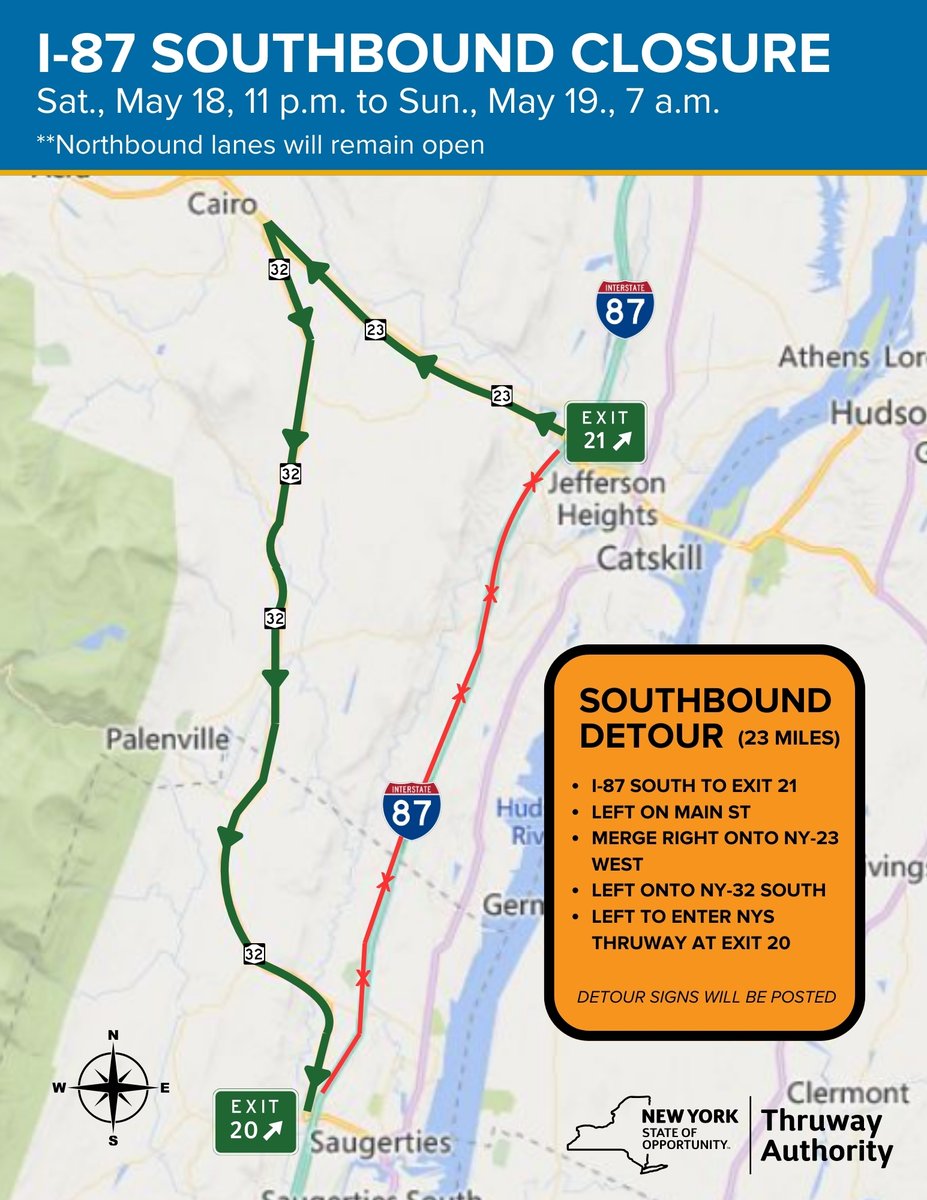 ⚠️ ALERT - CATSKILL: I-87 south from exit 21 (Catskill) to exit 20 (Saugerties) will fully shut down to all traffic beginning at 11 p.m. Saturday, through approximately 7 a.m. Sunday, weather permitting. Northbound lanes will remain open. READ MORE ▶️ thruway.ny.gov/news/pressrel/…