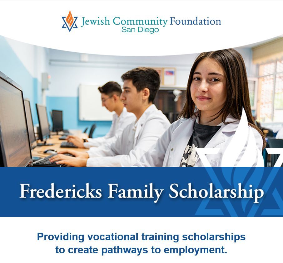 Applications are open! 

The #FredericksFamily Scholarship, facilitated by #JCFSanDiego, is designed to support #SanDiego students looking for vocational training to enhance their employment opportunities.

Learn more at: buff.ly/4aYsnXv
#GiveWithJCF #scholarships