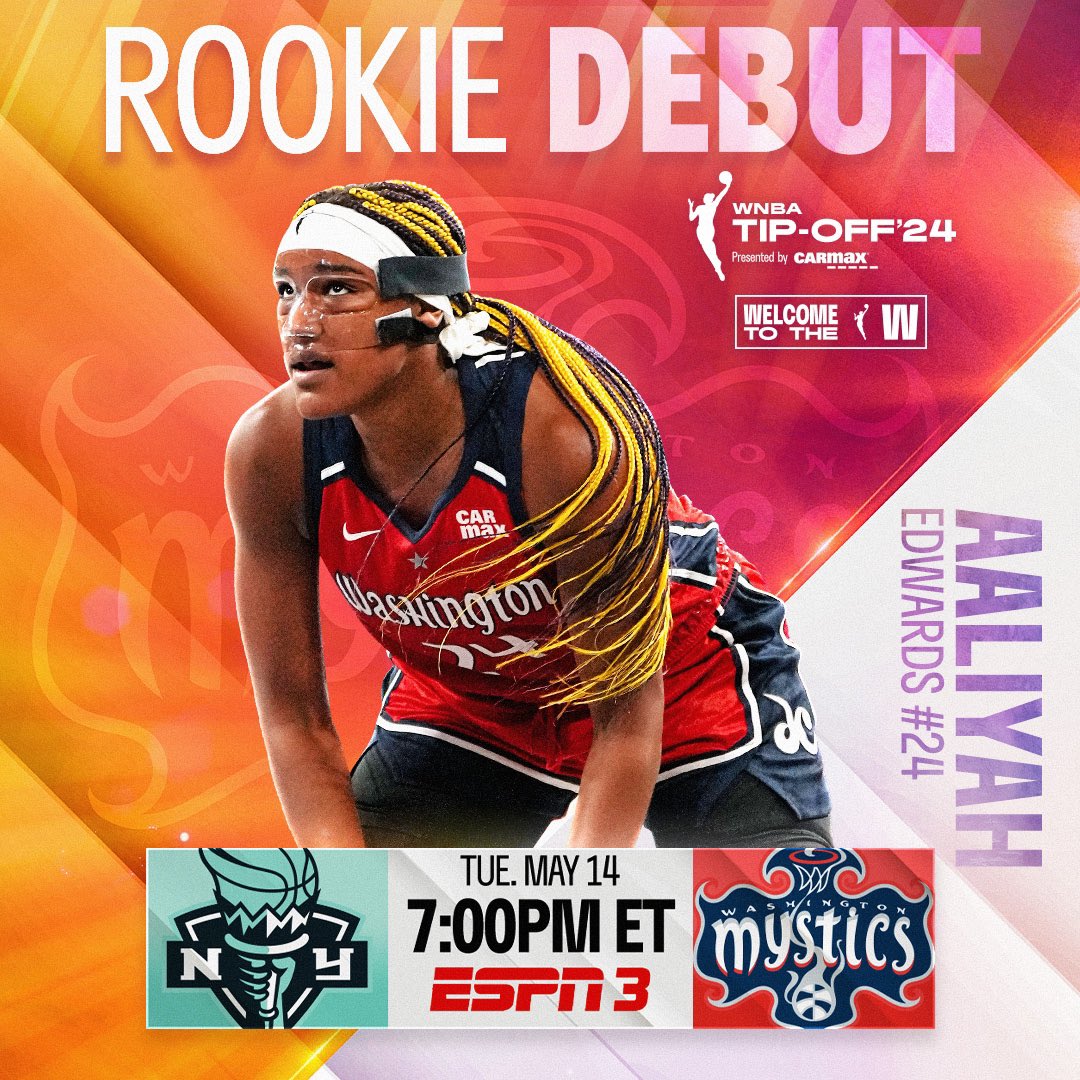 Get ready for @AaliyahEdwards_’ season debut with the @WashMystics!

Tune in to the WNBA App tonight at 7pm/ET to watch the Mystics face off against the New York Liberty. No subscription required, courtesy of tip-off test drive by @CarMax.