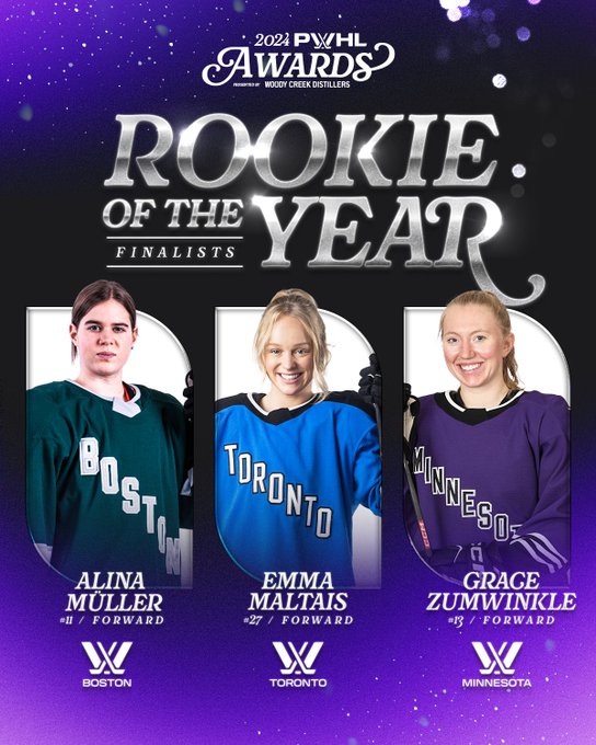 Graphic for the 2024 PWHL Awards presented by Woody Creek Distillers.

 Announcing finalists for the Rookie of the Year award.
Boston's F Alina Müller
Toronto's F Emma Maltais
Minnesota's F Grace Zumwinkle.

Across the graphic there are headshot images of Müller, Maltais and Zumwinkle in their respective jerseys.
