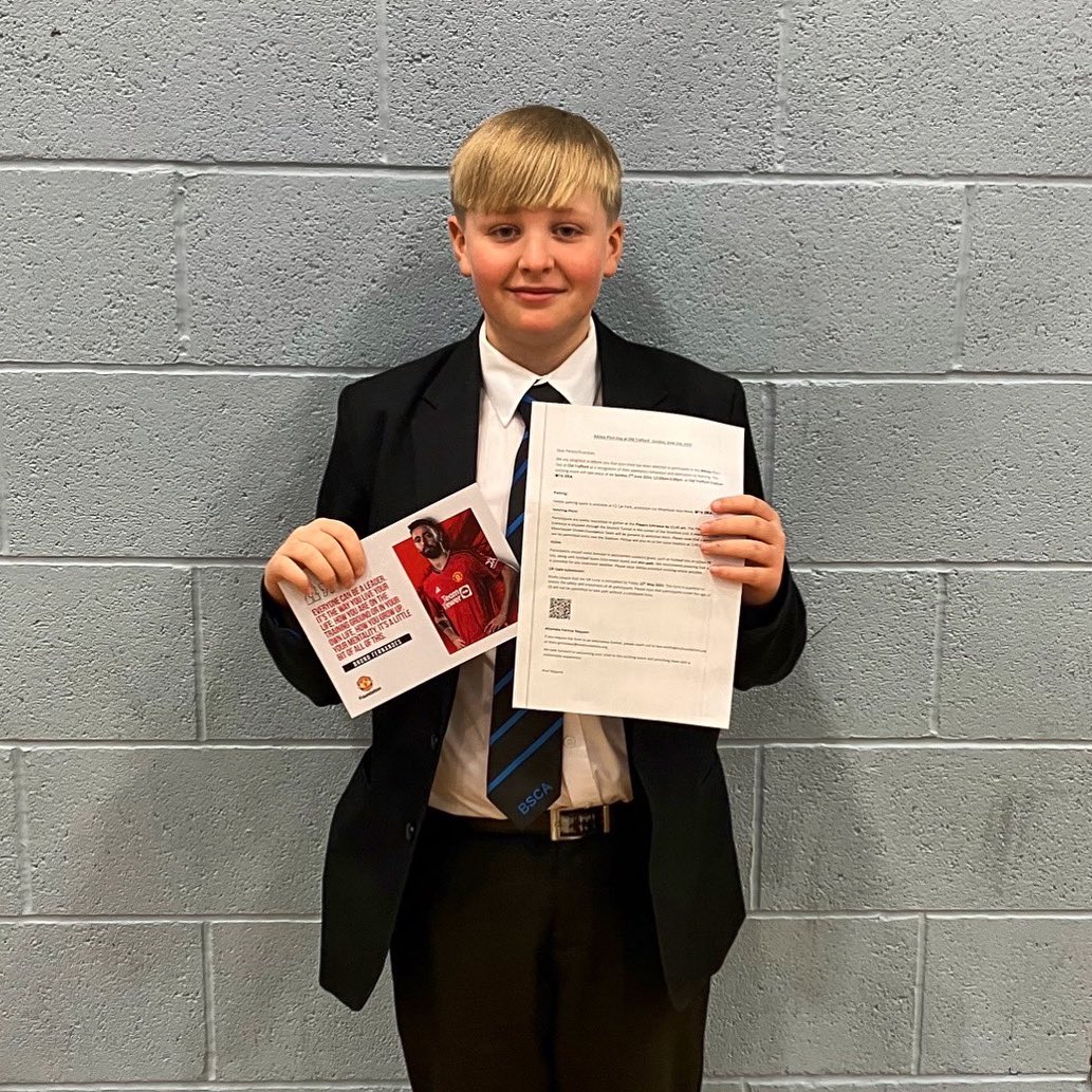 On Sunday 2nd June, Mason, Yr 7, will get the opportunity to play on the pitch at Old Trafford! Mason was nominated due to his excellent attitude and behaviour. Well done Mason on winning this once-in-a-lifetime opportunity! @adidasUK @MU_Foundation #WEAREBSCA #ACHIEVE