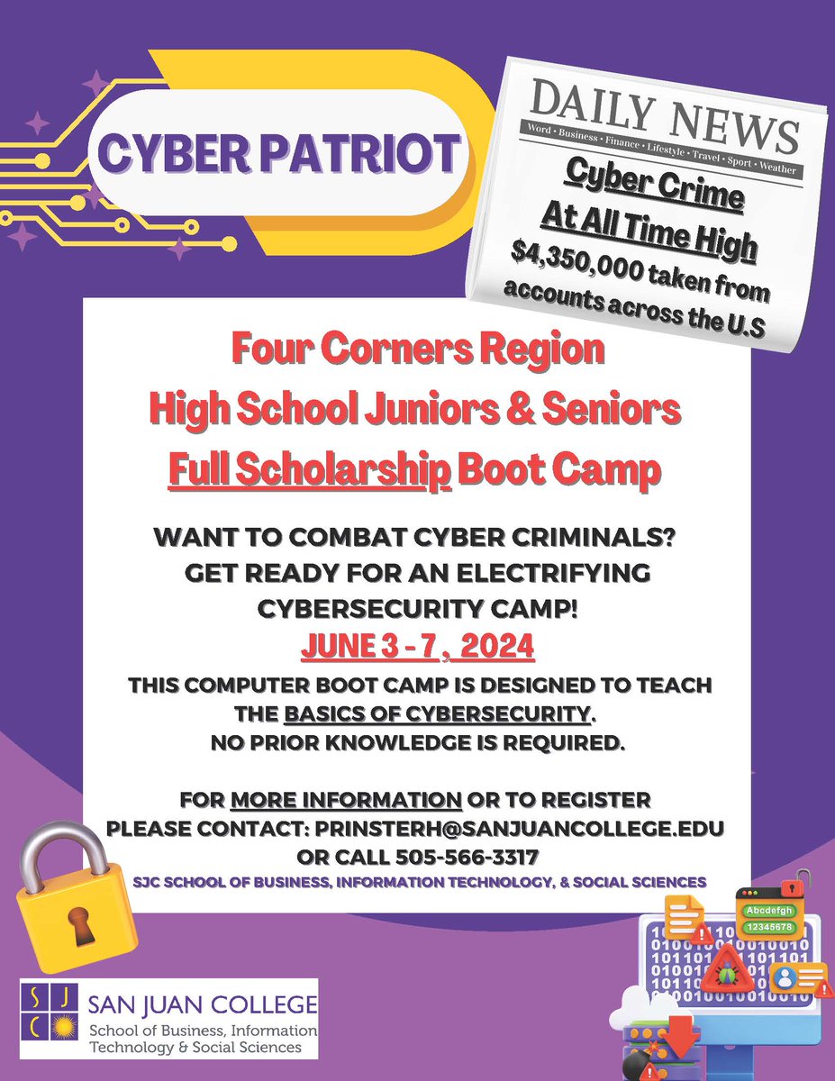 Do you aspire to be a cyber superhero? 🔐💻 Dive into the world of cybersecurity with our exhilarating summer boot camp! Perfect for high school juniors and seniors. Gear up to learn the essentials and battle cyber threats head-on! 🌐 #SanJuanCollege #SuccessMatters