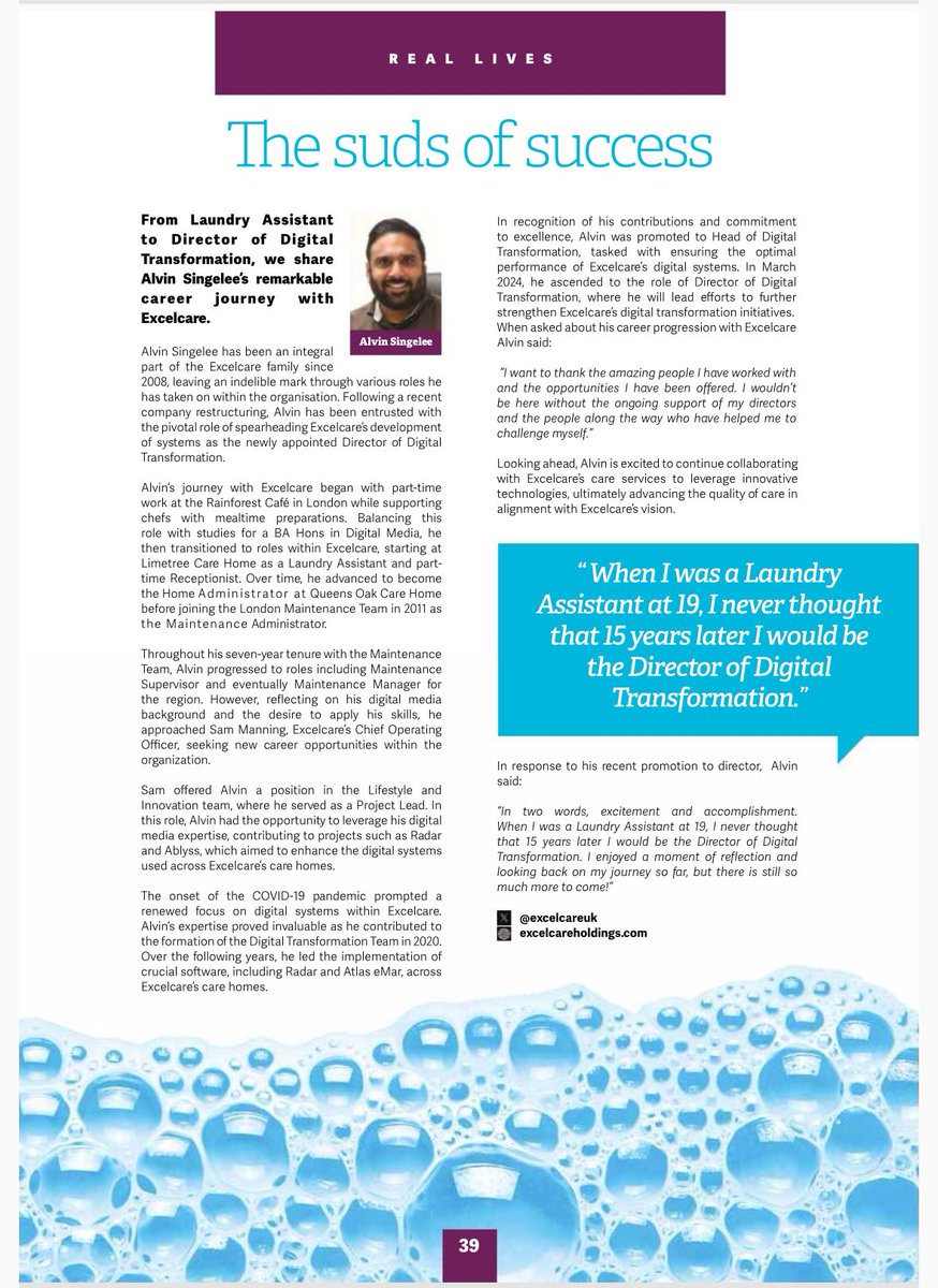 In this issue: 𝐓𝐡𝐞 𝐬𝐮𝐝𝐬 𝐨𝐟 𝐬𝐮𝐜𝐜𝐞𝐬𝐬 From Laundry Assistant to Director of Digital Transformation, we share 𝐀𝐥𝐯𝐢𝐧 𝐒𝐢𝐧𝐠𝐞𝐥𝐞𝐞’𝐬 remarkable career journey with @excelcareuk bit.ly/2BdO22j PG 39 #ThankYouSocialCare