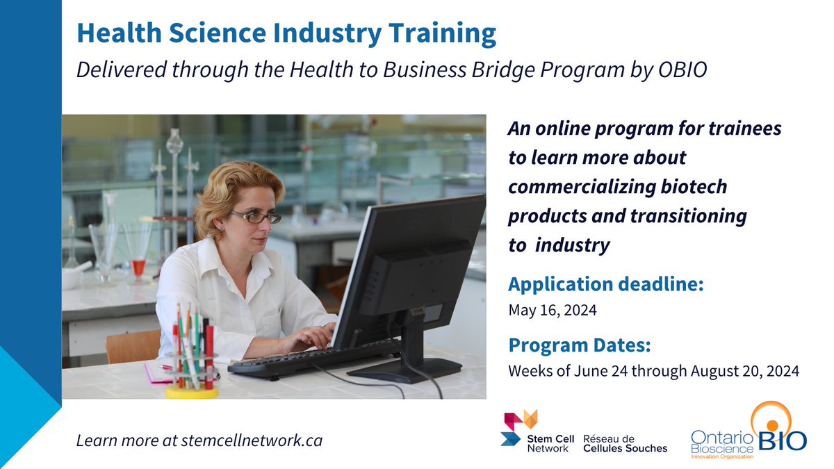 ⏰ The deadline is quickly approaching! Apply for the Health Science Industry Training program to learn more about commercializing #BiotechProducts and transitioning to the industry! ➡️ stemcellnetwork.ca/training/works… @OBIOscience