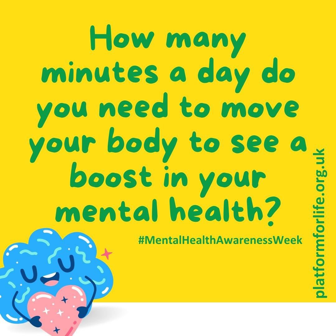 20 mins to boost your mental health 💚

🍗 potter in the garden or speed clean whilst dinner’s cooking 
🍫 walk to the shop to buy a treat
⚽ an active game with the family
💃 dance to your fave song 

#MentalHealthAwarenessWeek #Movement #ChestersMentalHealthCharity  #Chester