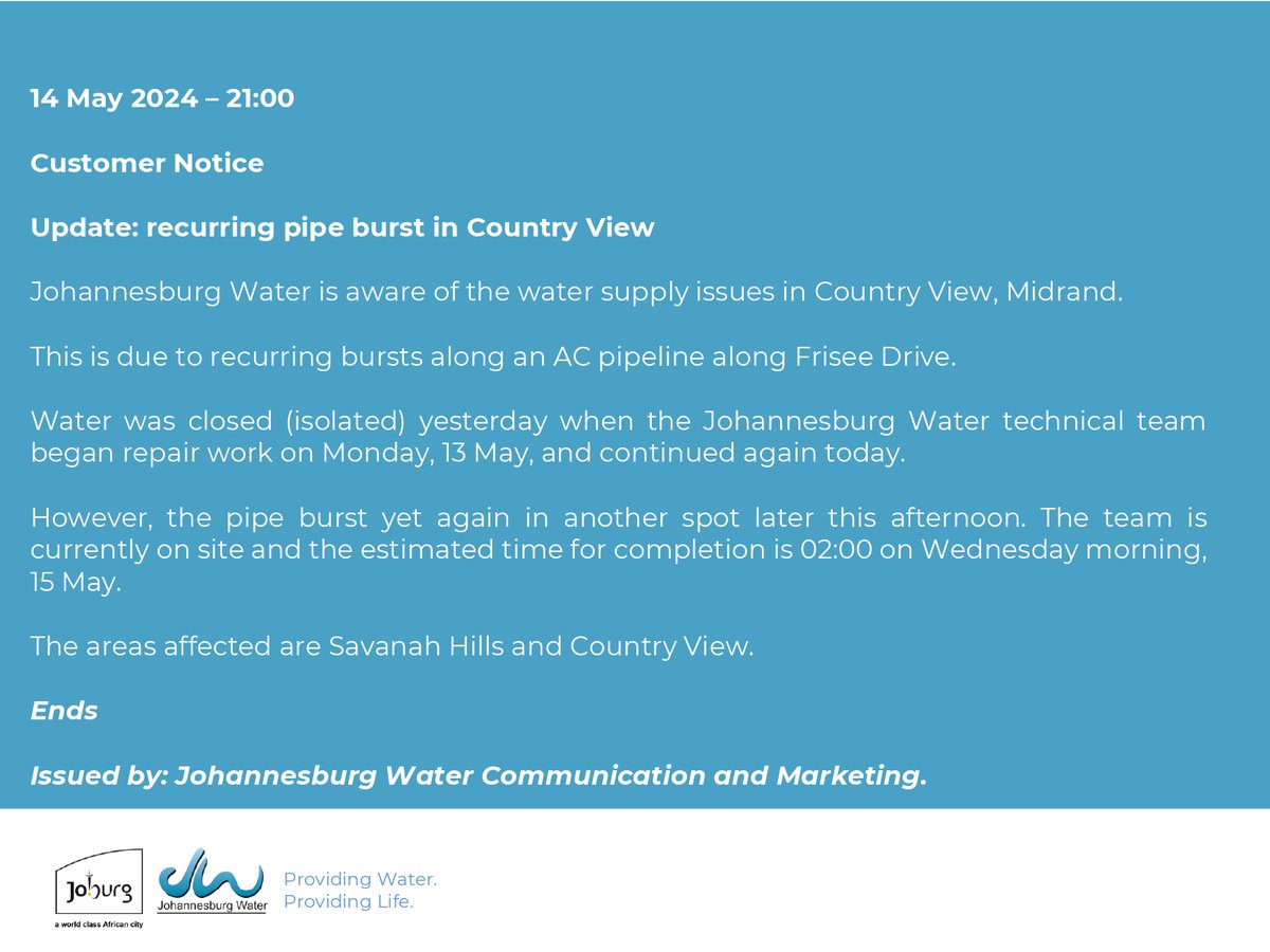 Update: recurring pipe burst in #CountryView

#JoburgUpdates ^N