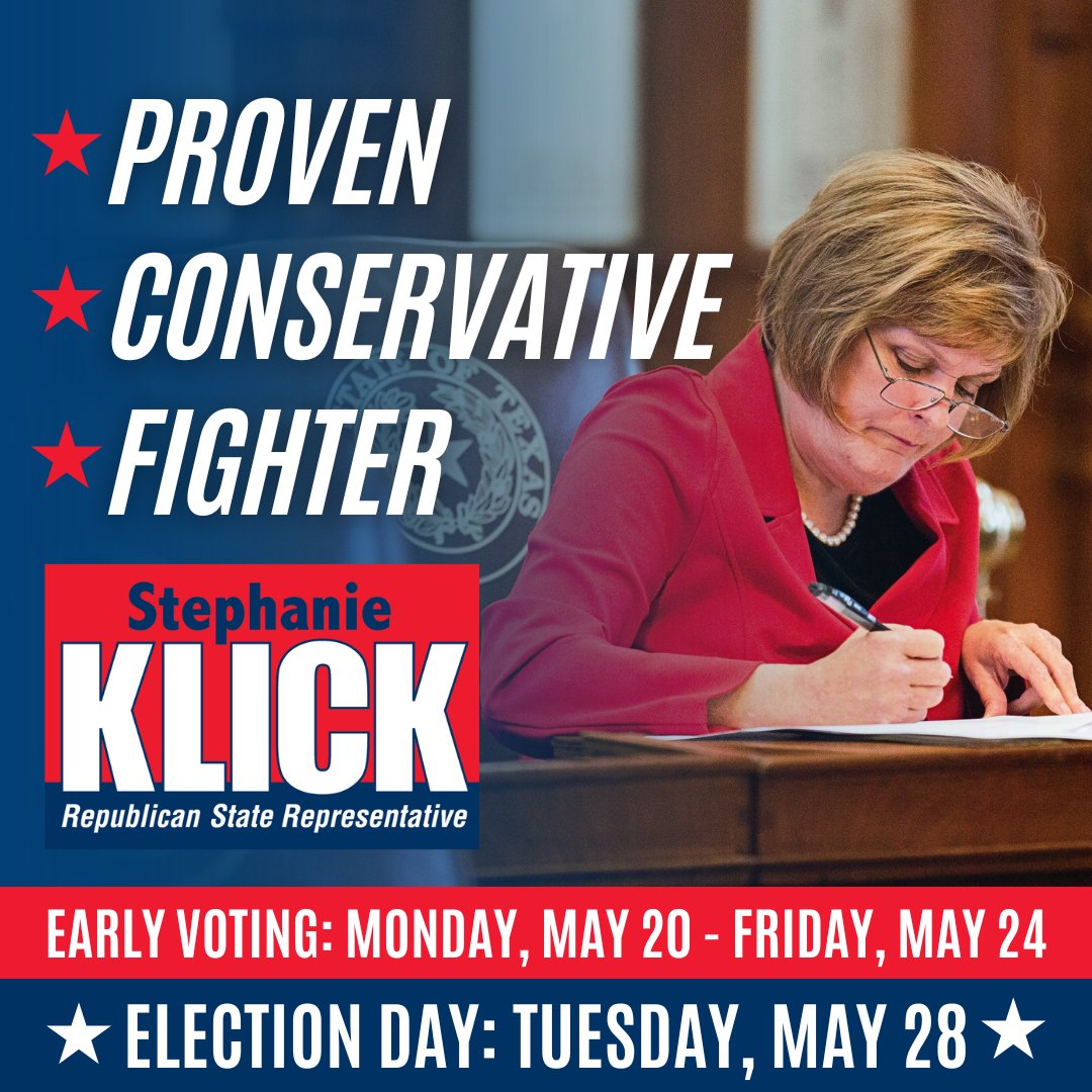 Early voting starts on May 20th! In the TX House I’ve voted for:
✅ Over $6 BILLION for border security
✅ The largest property tax cut in state history
✅ Banning dangerous gender modification surgeries on kids

With your support, I’ll keep delivering conservative wins! #txlege