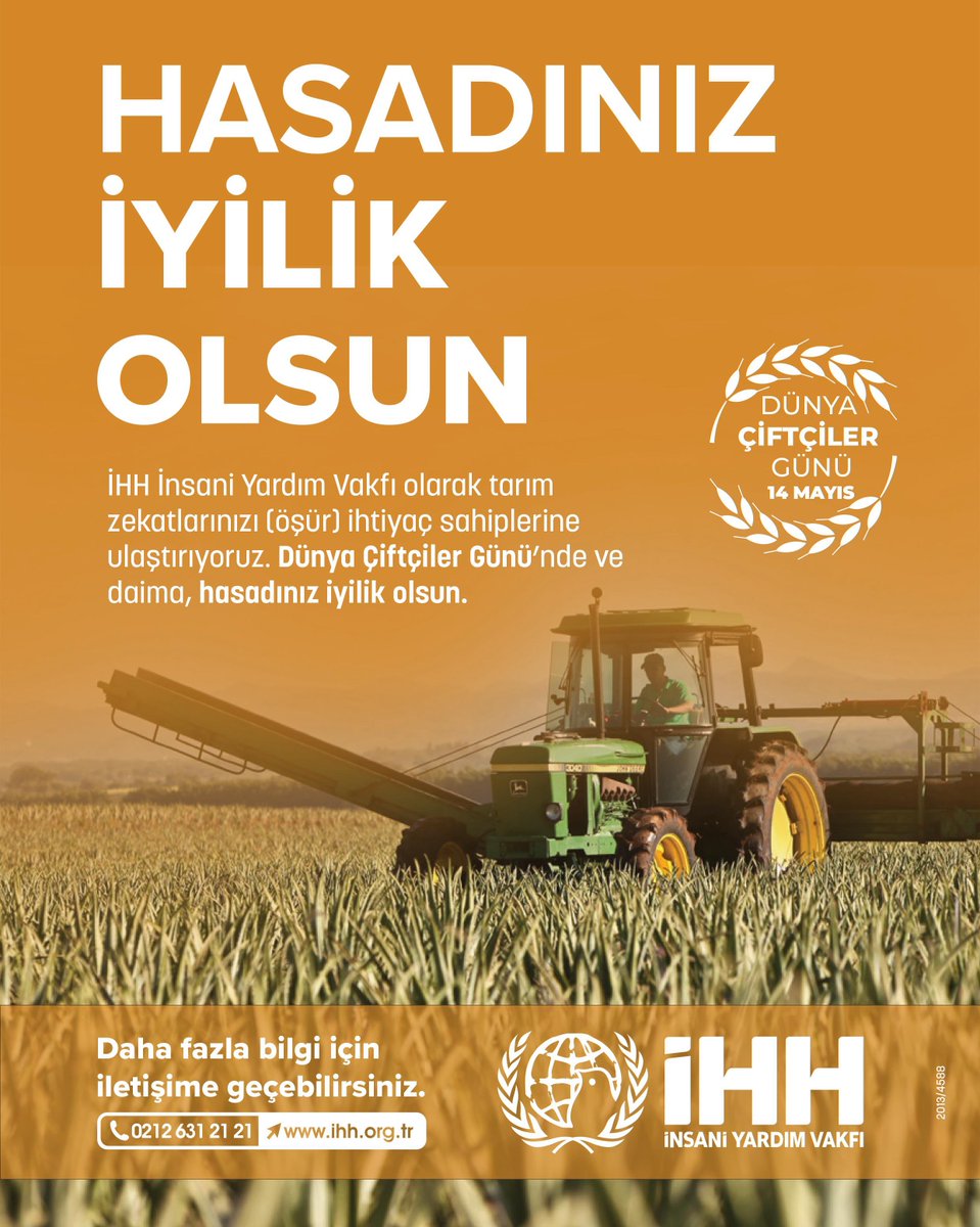 Hasadınız İyilik Olsun 😊 Tarım zekatlarınızı (öşür) ihtiyaç sahiplerine ulaştırıyoruz. #DünyaÇiftçilerGünü'nde ve daima hasadınız 'iyilik' olsun. 👉 Detaylı bilgi için: ihh.org.tr