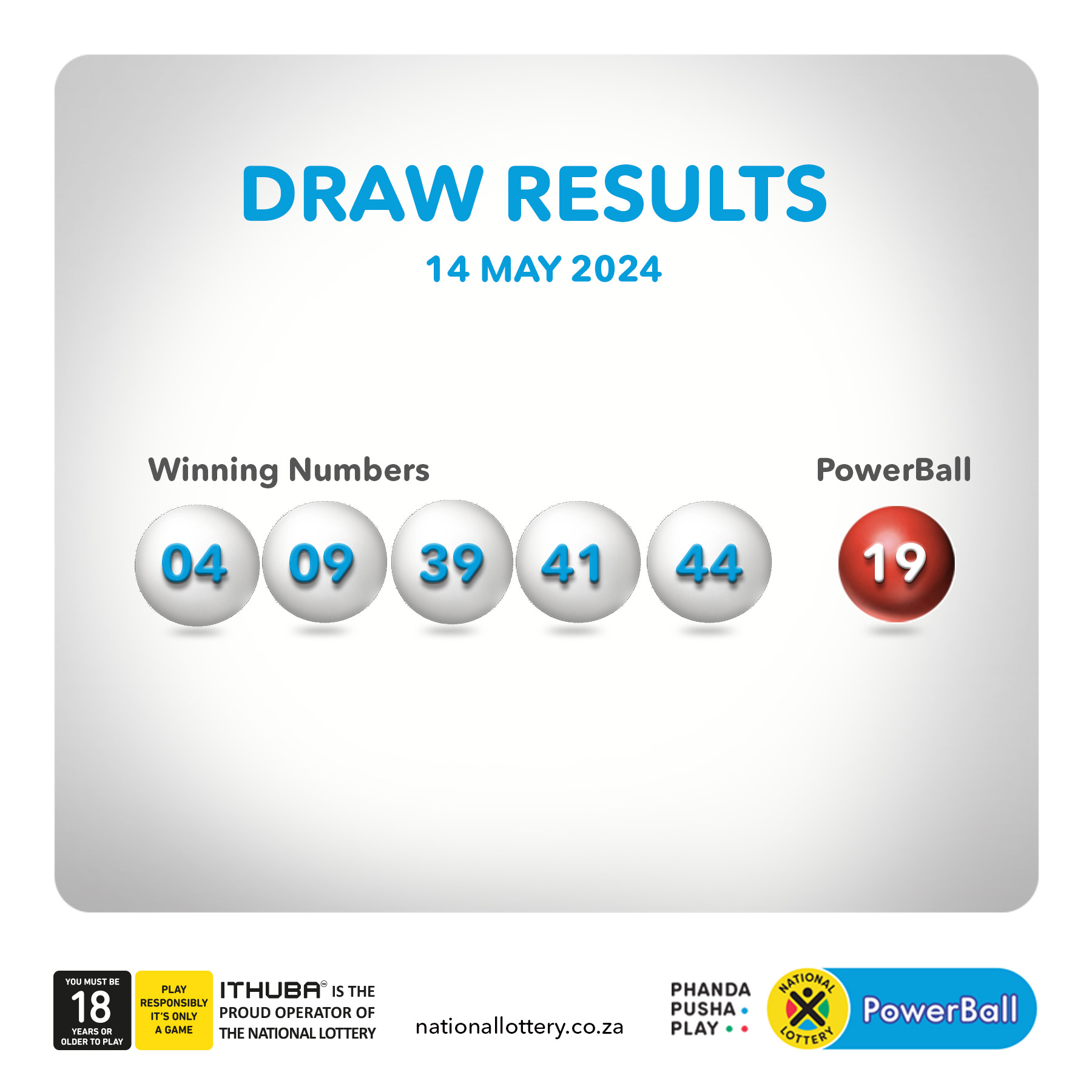 PhandaPushaPlay on X DrawResults for 14 05 24 are PowerBall 04 09 39 41 44 PowerBall 19 PowerBallPLUS 04 06 16 22 43 PowerBall 13 https t yqLW2MBnqm X
